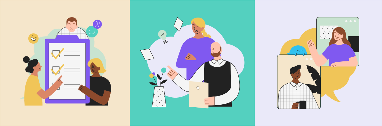 Three illustrations in the style of the Hugr App