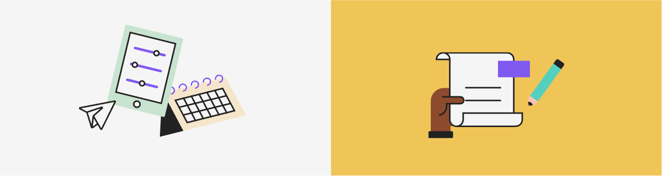 Two illustrations in the style of the Hugr App 