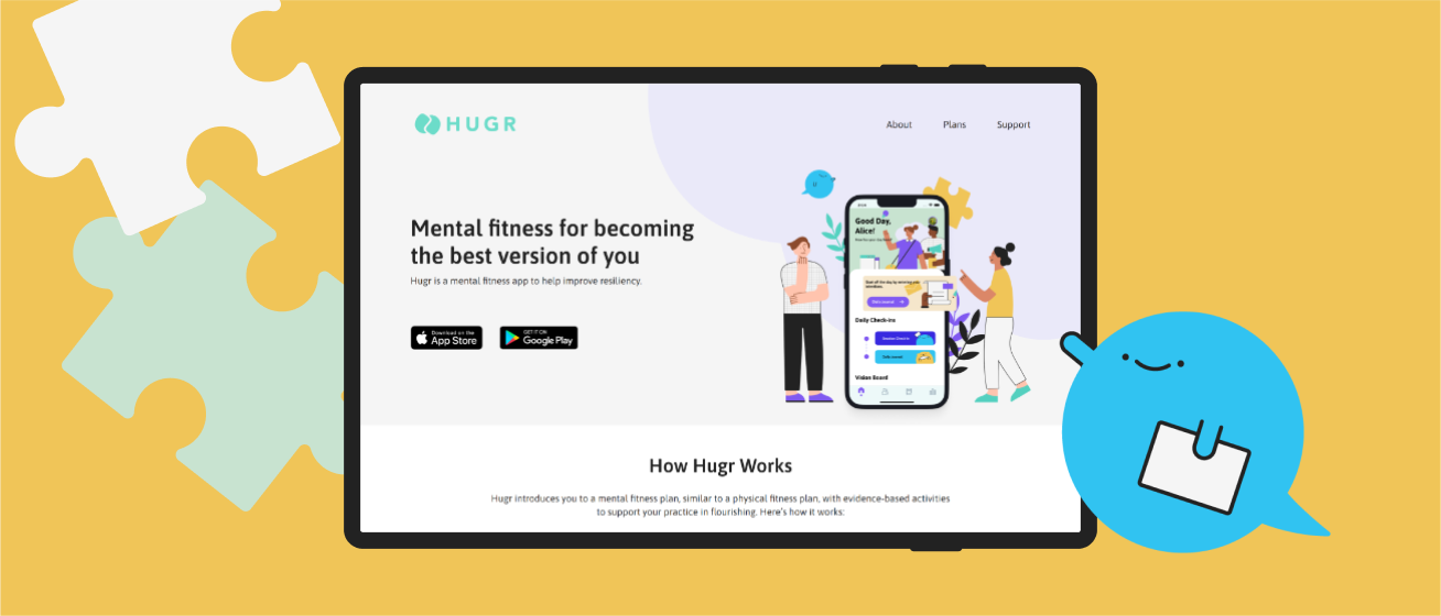 Screenshot of the Hugr website with an illustration of the Hugr mascot