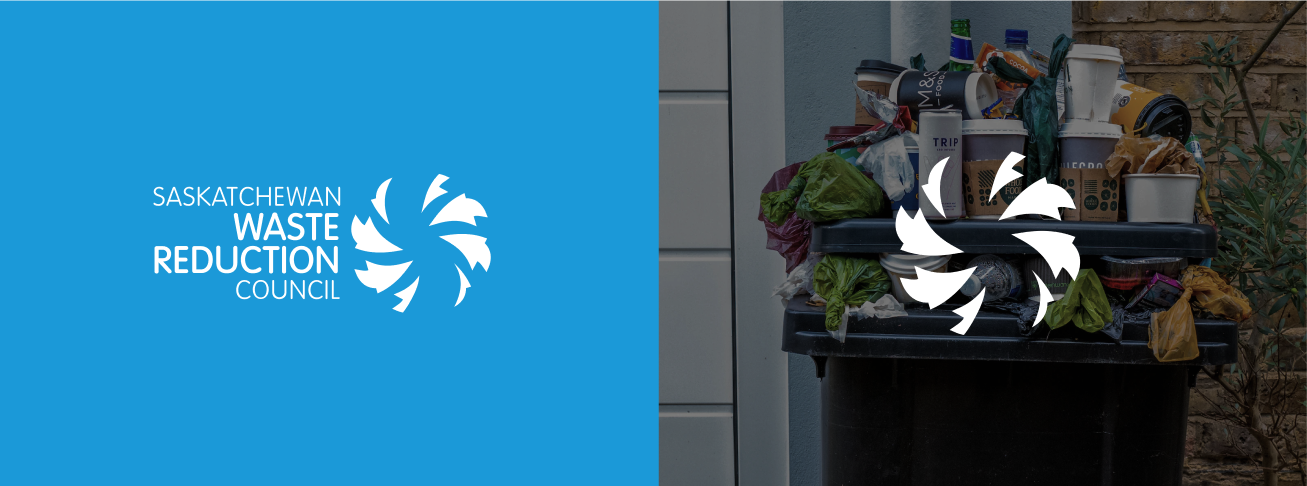 Left: SWRC text and logo with a blue background, Right: SWRC logo with an image of a garbage bin as the background