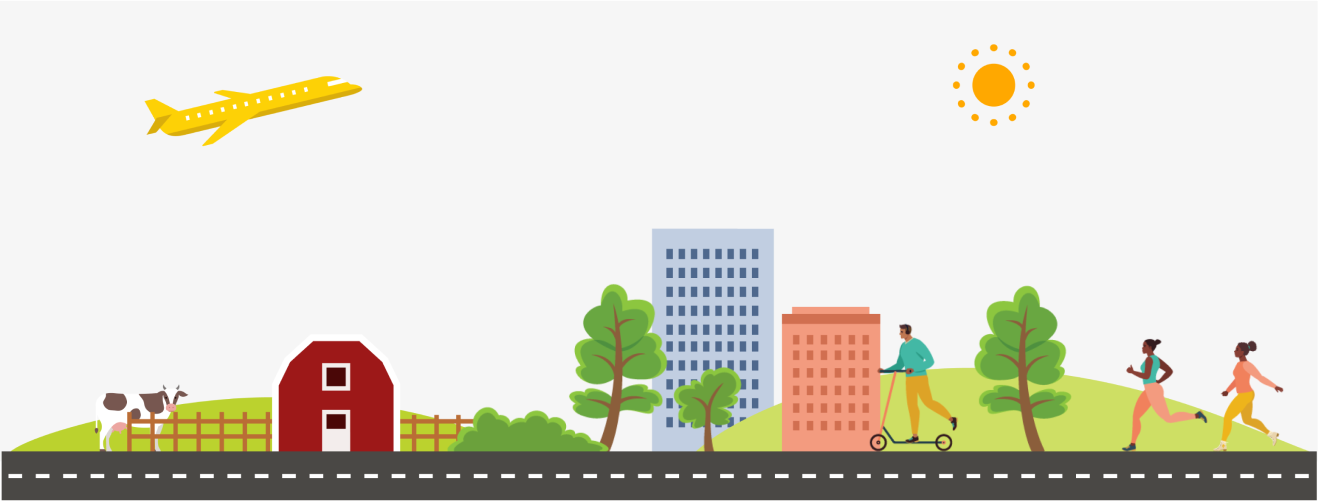 An illustration showing people on a road with a farm and cityscape background