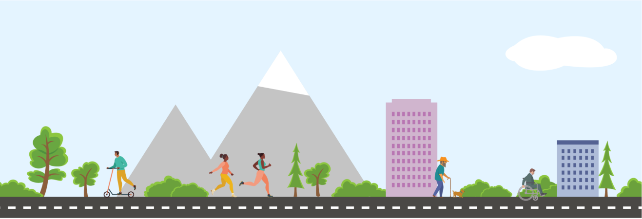 An illustration showing people on a road with a mountain and cityscape background