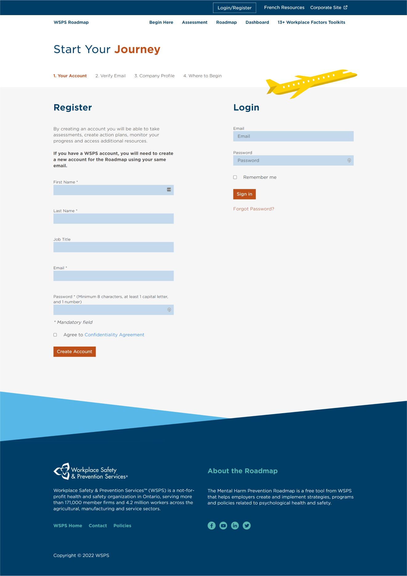 A full screenshot of the Mental Health Roadmap website's register/login page