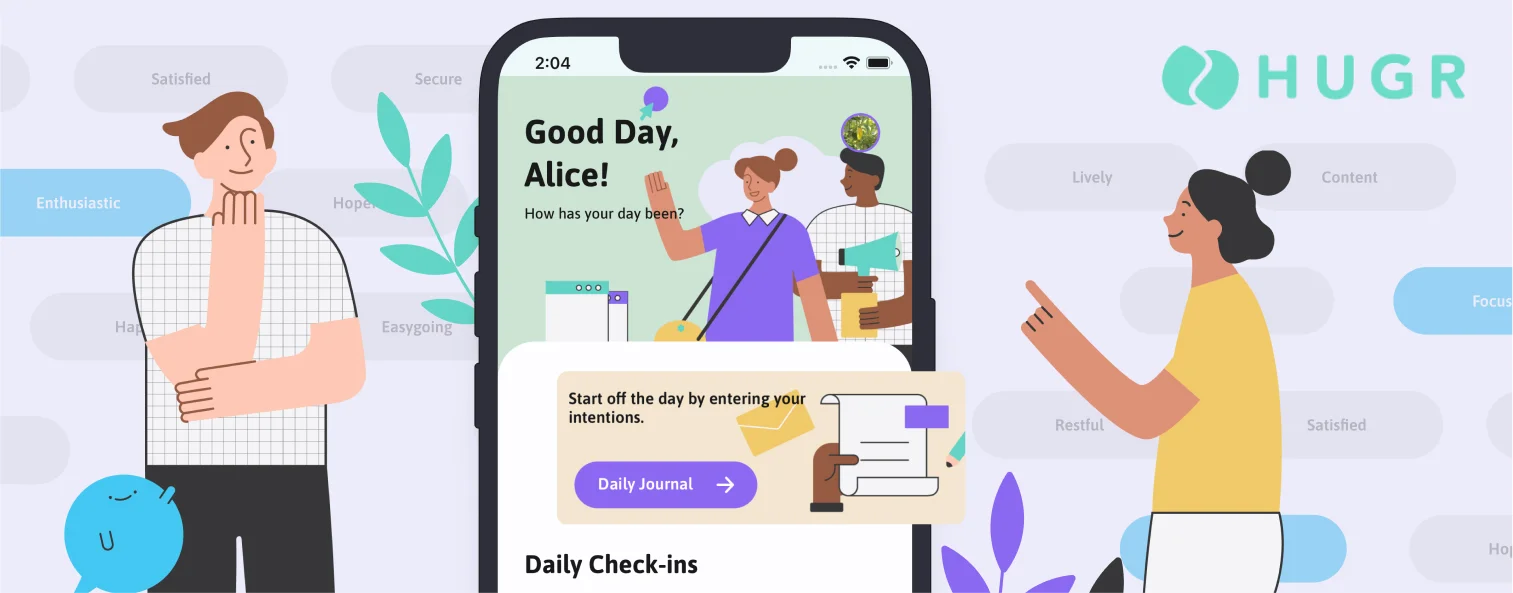 Banner image of a screenshot and graphics from the Hugr App